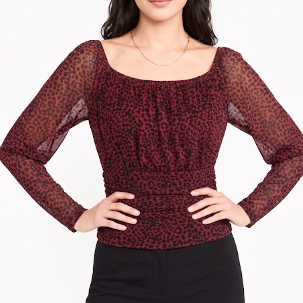 Express Top Animal Leopard Print Ruched Mesh Rust S Long Sleeve Shirred Waist